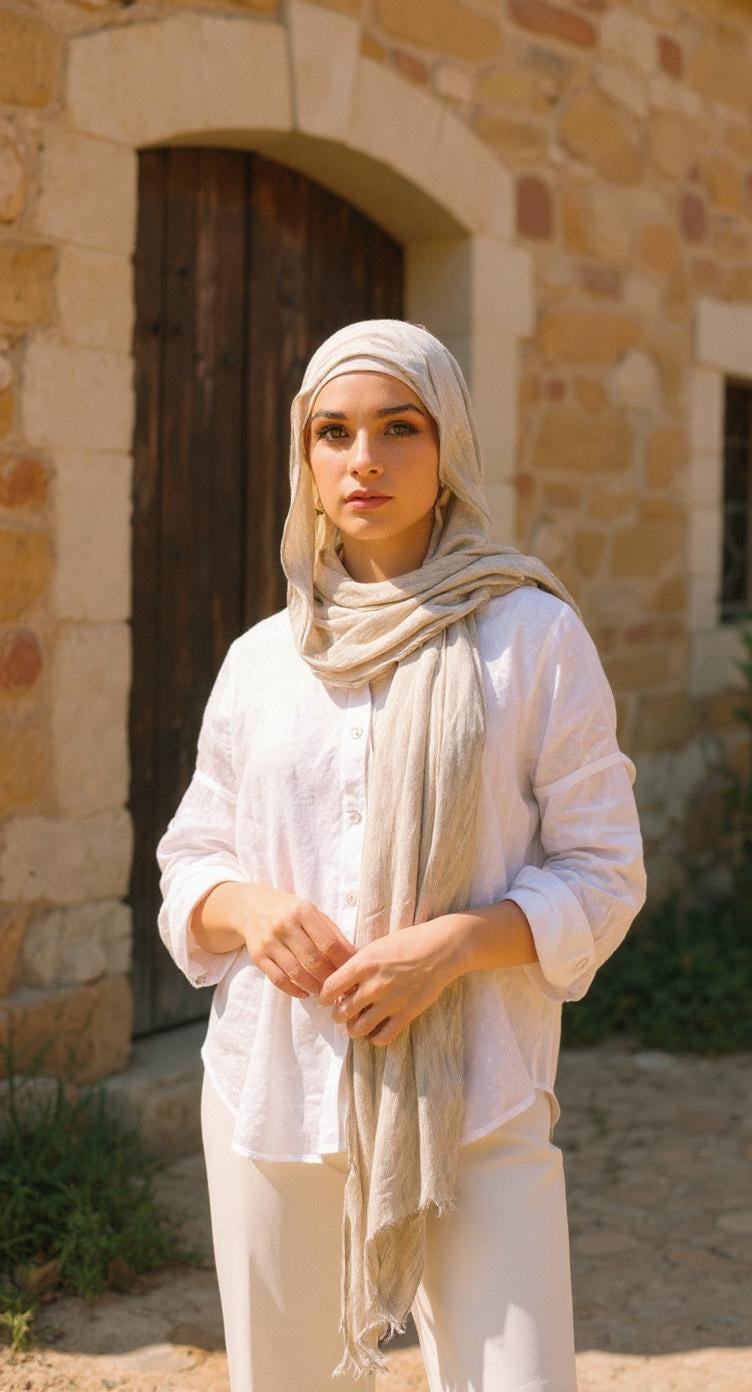 Crinckled beige linen scarf